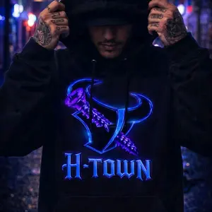 H-Town Hoodie - Black Hooded Sweatshirt with Blue Logo Design for Men