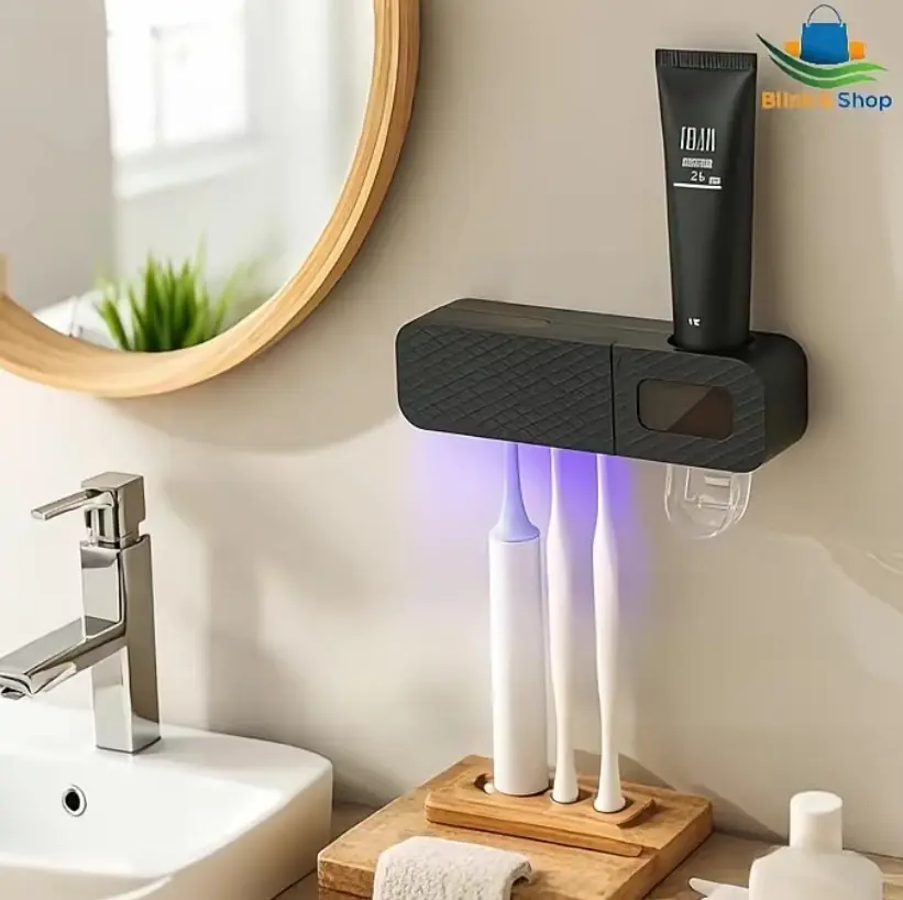 No-Drill Self-Adhesive Wall-Mounted Smart Toothbrush Holder for Bathroom Wall, 3-Slot Smart Holder with UVC Sanitizer, Intelligent Drying, Automatic Toothpaste Dispenser, Space-Saving Household Storage Organizer