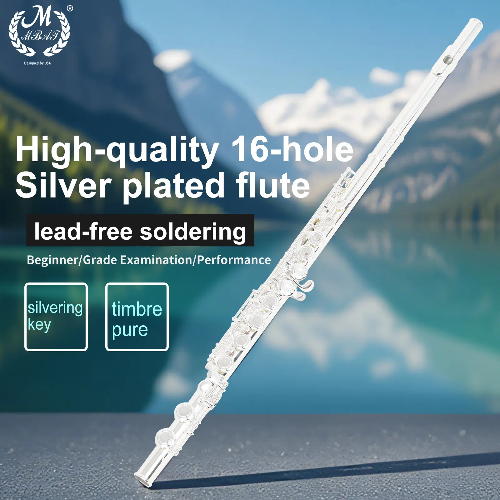 Mbat Meibeit C Key Silver Color Flute, 16 Holes Closed Hole Design, Ideal Musical Instrument for Professionals & Beginners