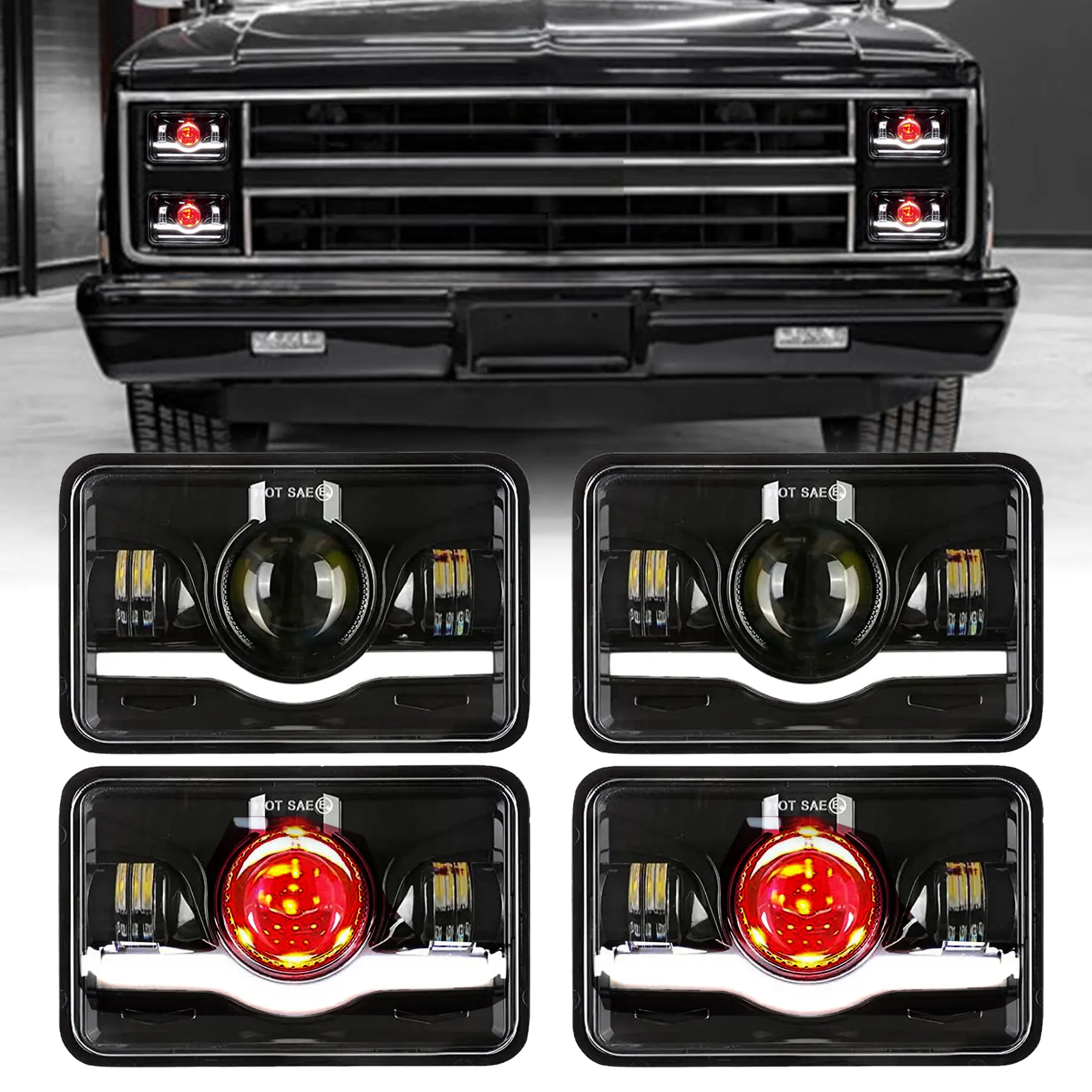 4x6 Headlights LED Dot Approved with Red Devil Eye DRL Compatible with Peterbilt 379 Kenworth T800 Oldsmobile Semi Truck- 4PCS