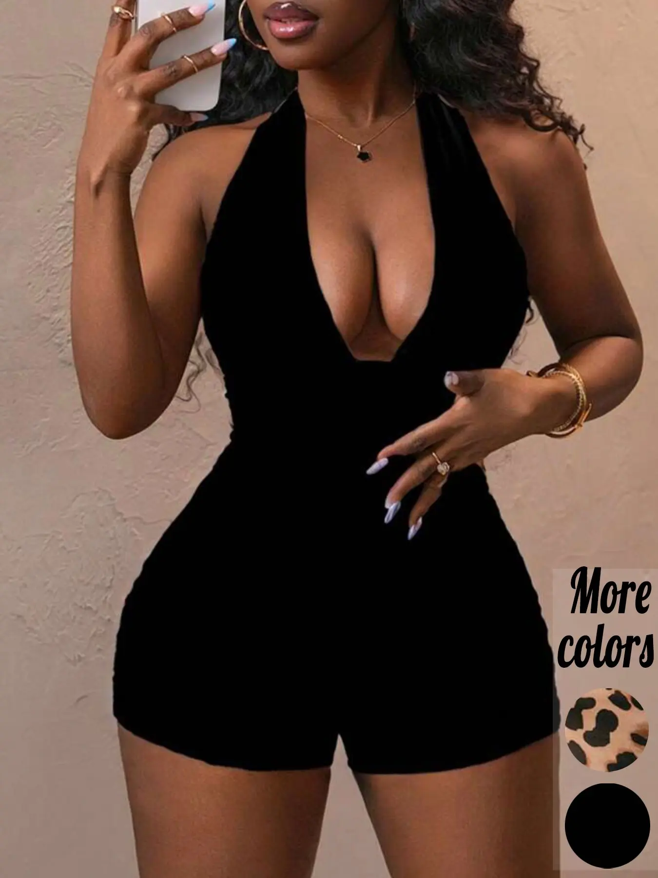 [Plus-Size] Leopard Print Halter Neck, Sleeveless Bodycon Romper, Sexy Club Style, Stretchy Satin Fabric & Deep V-Neck Detail, For Curvy Women, Perfect for Night Out, Clubbing & Party Looks, Fitted Sleeveless Romper