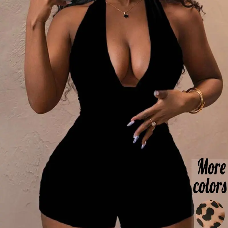 [Plus-Size] Leopard Print Halter Neck, Sleeveless Bodycon Romper, Sexy Club Style, Stretchy Satin Fabric & Deep V-Neck Detail, For Curvy Women, Perfect for Night Out, Clubbing & Party Looks, Fitted Sleeveless Romper