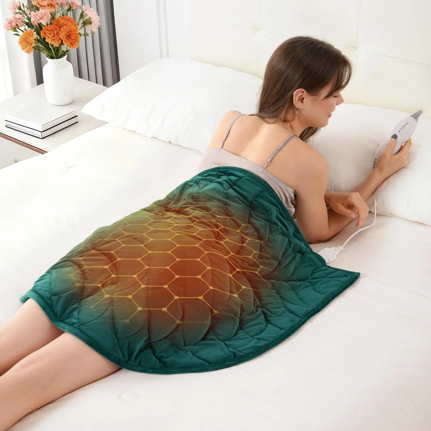 Weighted Heating Blanket 7 lbs, 26" x 35" Large Size Weighted Heating Pad for Back Shoulder Abdomen, Soft Electric Heated Blankets, Green, Controller, 2-Hour Auto Shut-Off