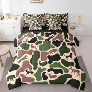 Camo 7 Piece Bedding Set,Deer Bear Comforter Set with Sheets Wolf Hound Turkey Pattern Retro Bed in a Bag Red Green Army Camouflage for Kids Boys Girls