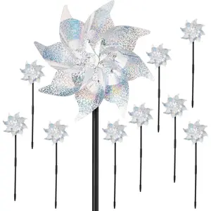 10 Pack Reflective Pinwheels with Stakes, Pre-Installed Sparkly Silver Wind Spinner, Decorative Pin Wheel Bird and Animal Deterrent for Garden, Yard, Lawn
