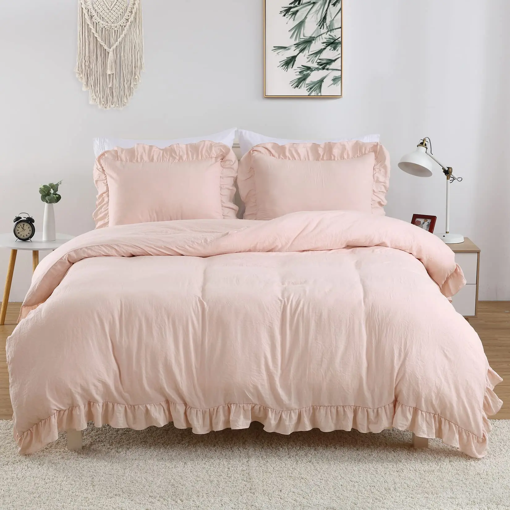 【GARVEE】Pink Ruffle Duvet Cover Queen Size, 3PCS Soft Washed Microfiber Vintage French Country Duvet Cover Set for Queen Bed, Pink, 90x90 in