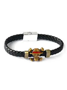Anime Peripheral One Piece Luffy Straw Hat Skull Vintage Leather Rope Woven Bracelet Bangle Ring, Available Now, Fashion Accessory