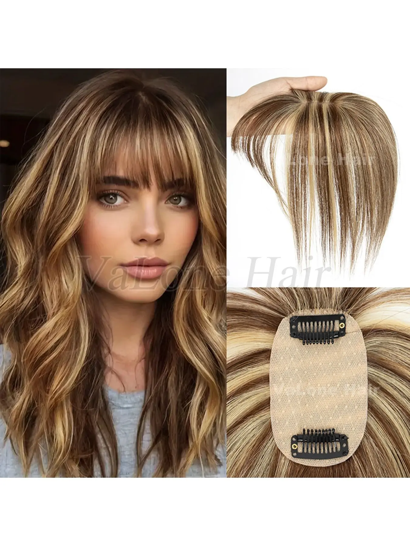 5X9 Real Human Hair Topper Wigs with bang for women, P4-27# Straight hair, Bang Design, Increase hair volume & Covering white hair, Suitable for various occasions, Glueless Beginner Wig, Glueless Bangs Wig, Straight hair wig, No Glue Wig