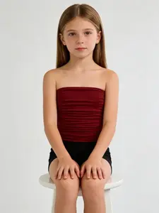 Girls' solid color strapless short top | Fitted pleated elastic+soft and breathable, versatile for all seasons, can be worn both inside and outside