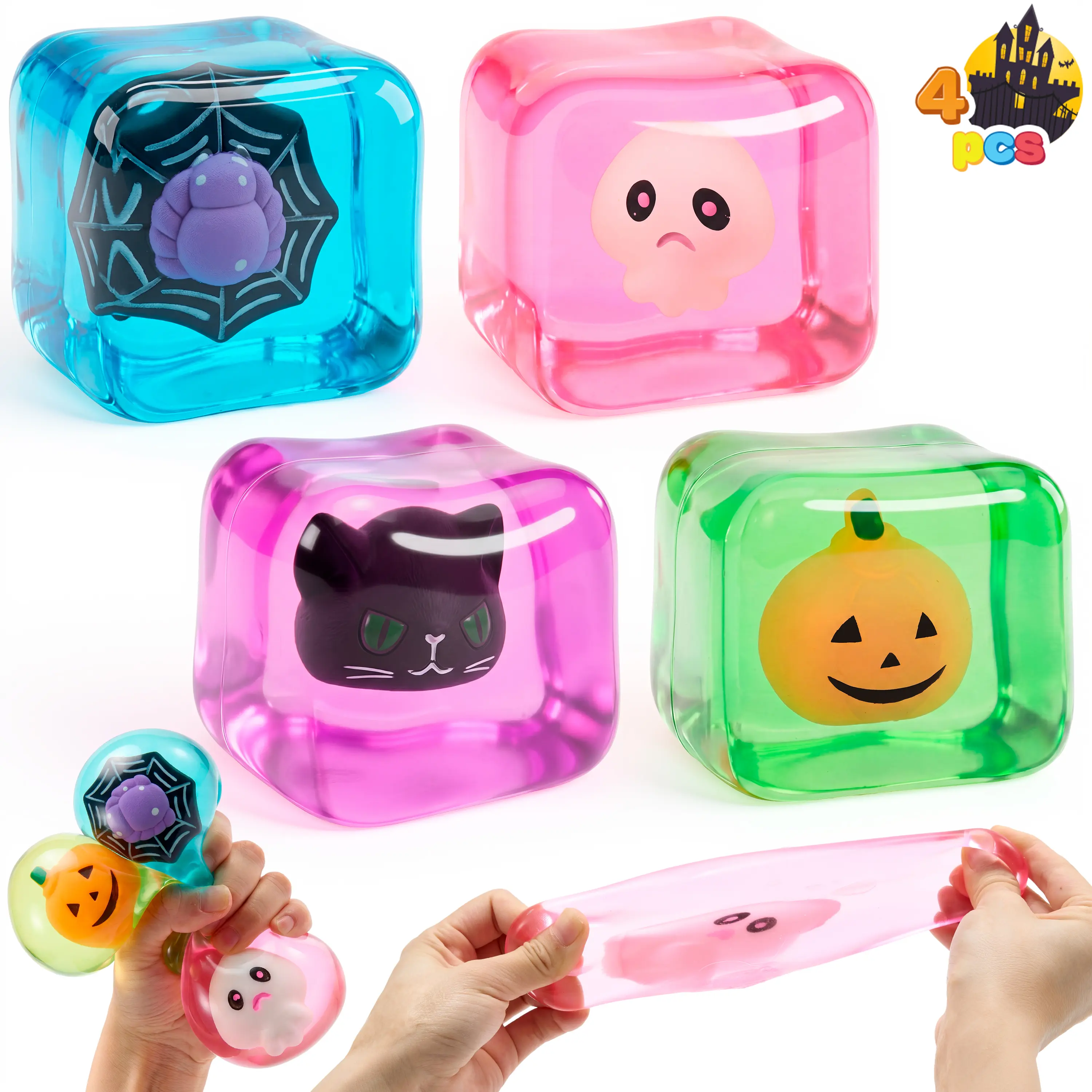 JOYIN 4 PCS Halloween Stress Cube, 2'' Slow Rising Ice Cube Squishy Toys, High Density Relief Stress Balls, Sensory Toy for Kids, Party Favors, Trick or Treating, Classroom Prize