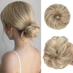 2PCs Small Cute Messy Bun Hair Piece for Thin Hair Women Mini Synthetic Curly Bun Scrunchies Updo Hairpieces Sunny Blonde