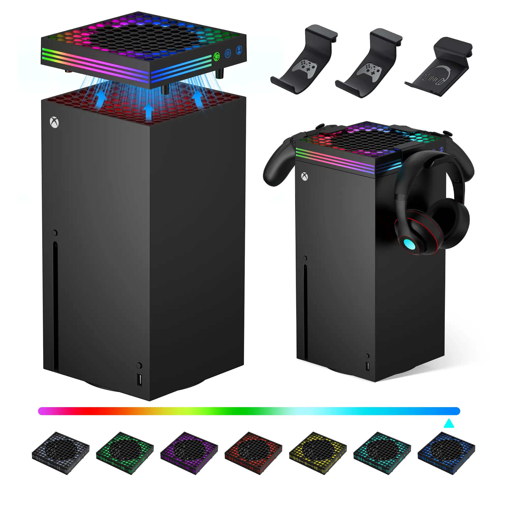 Cooling Fan for Xbox Series X with RGB Light Strip & 3 Detachable Hooks, Wiilkac 4 in 1 Top Fan Cooling System with Built-in Dust Filter, 3 Level Adju