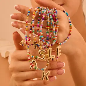 Colorful Letter Necklace for Women Handmade Beaded Bubble Initial Pendant Adjustable 15 inch+2 inch Chain Dainty Custom Cute Beach Boho Jewelry Gift