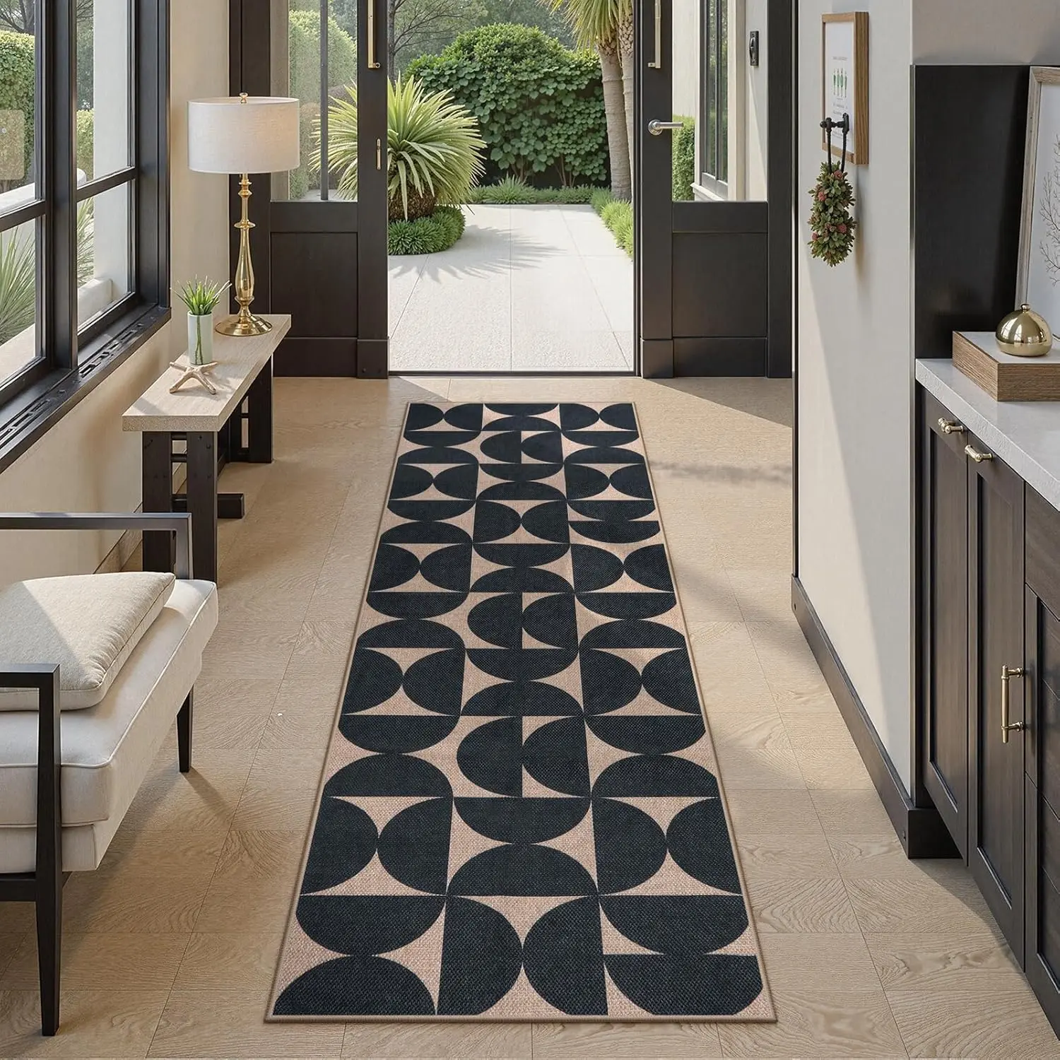 Boho Geometric Easy Jute Kitchen Runner Rug 2x6, Washable Outdoor Runners for Hallways Non-Slip, Neutral Semi-Circle Entryway Rug with Rubber Backing