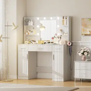 【Deal】Vanity Desk with Mirror and Lights Makeup Vanity with Drawers and Open Shelves 3 Color Lighting Modes Brightness Adjustable Dressing Table for Bedroom Bathroom Vanity