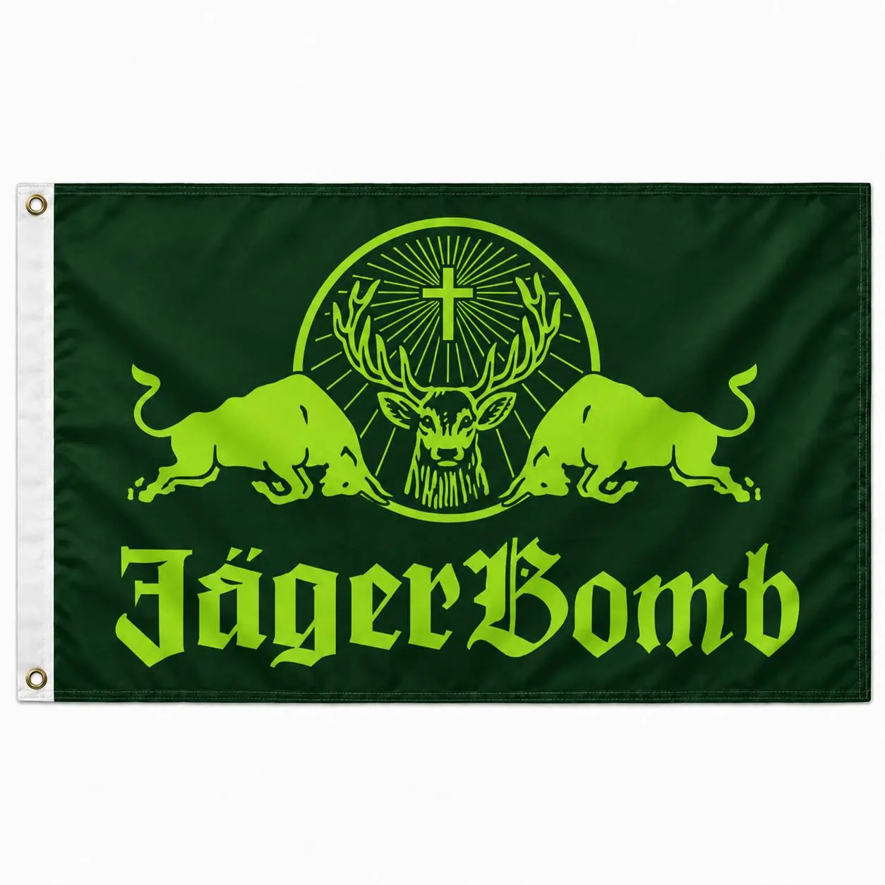 Jagerbomb Party Flag 3x5 Ft, Green Neon Bar Banner with Stag, Bulls and Cross Design, Man Cave Garage Dorm Tailgate Decor, Gift for Beer Lovers, Bartenders, Party Fans and Collectors