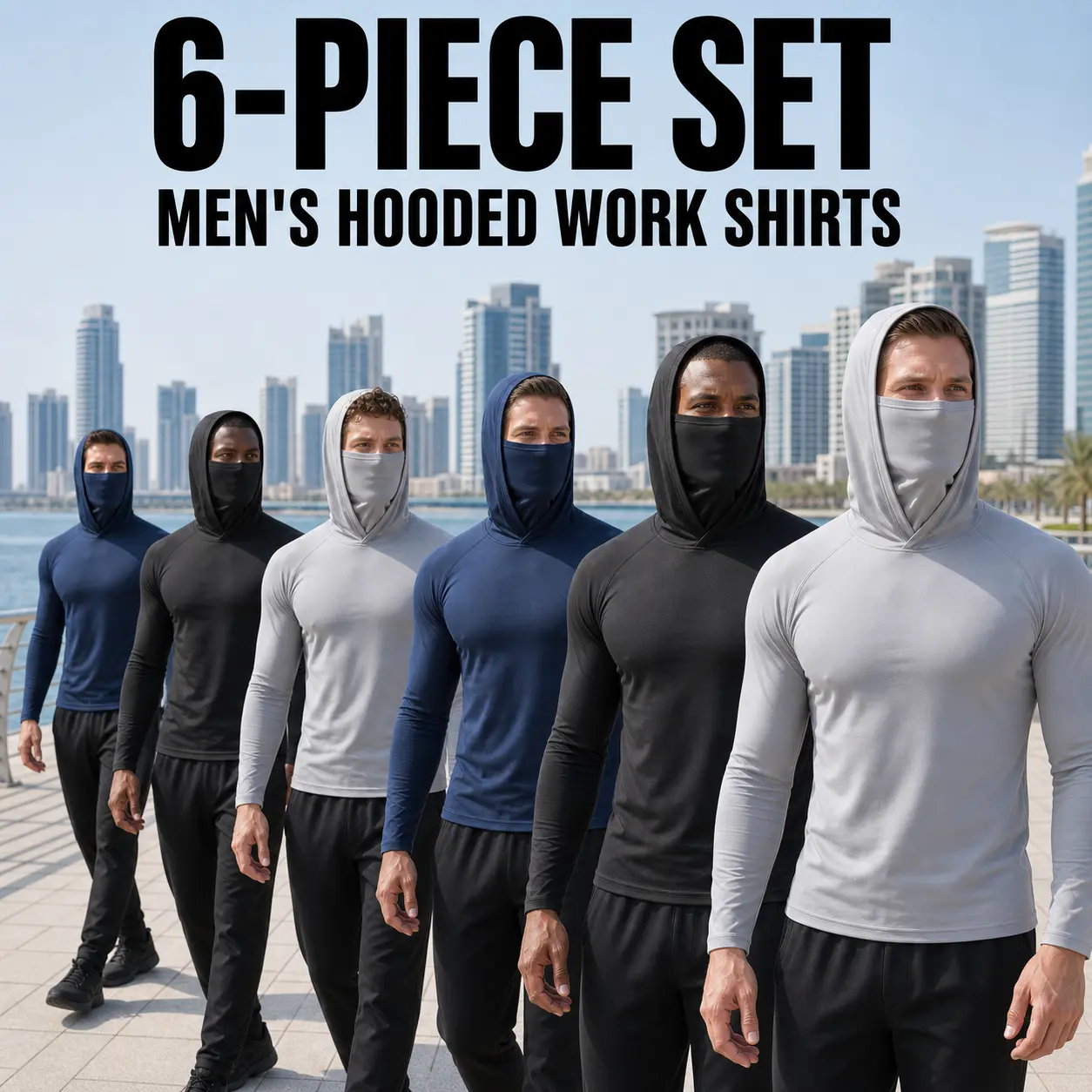6-piece set men's outdoor work sun protection clothing with sun-blocking hoodie, featuring built-in face mask and neck guard, breathable long-sleeve hoodie