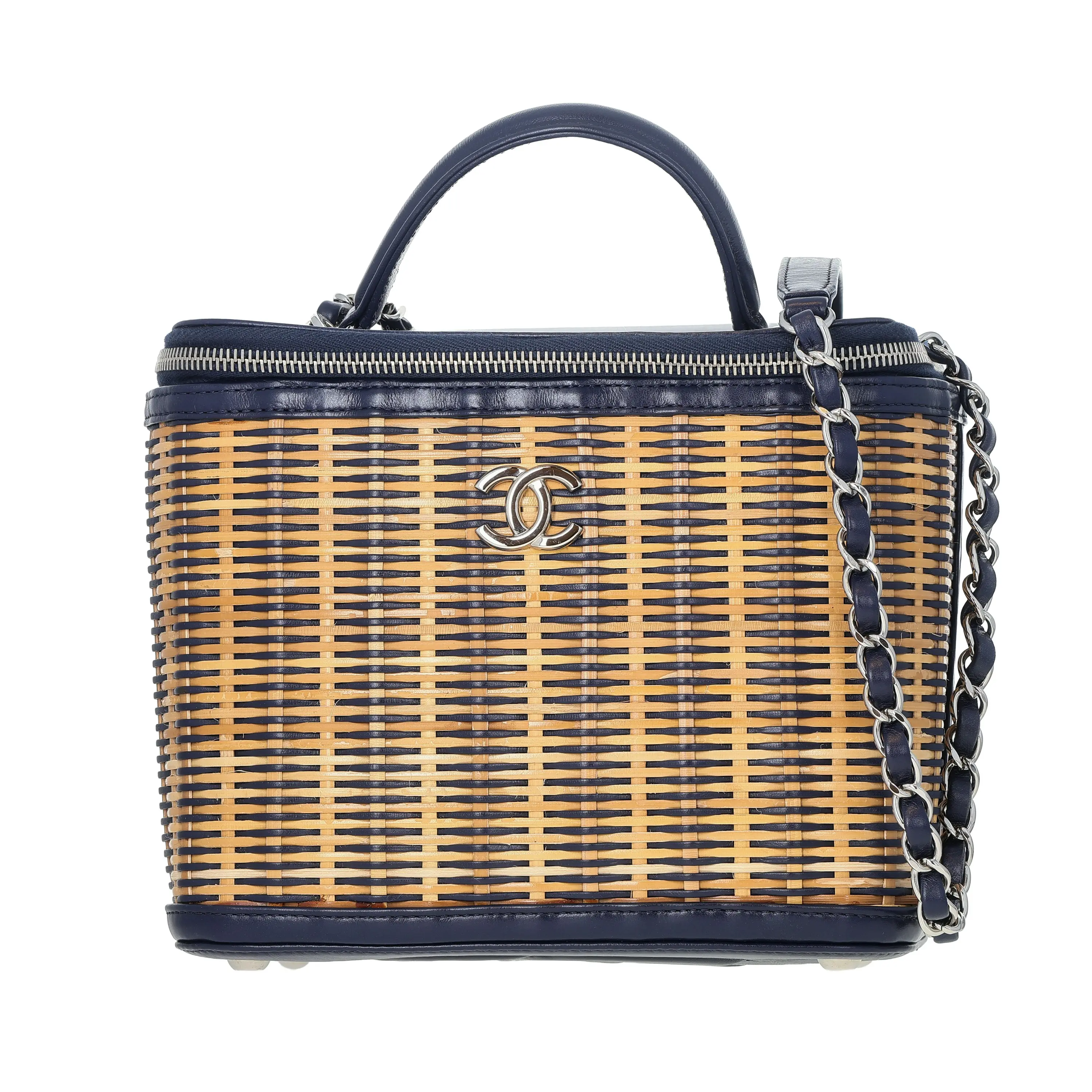 Pre-owned CHANEL Raffia Clutches & Wristlets Woven with Calfskin Take Away Vanity Case Medium Neutral Blue