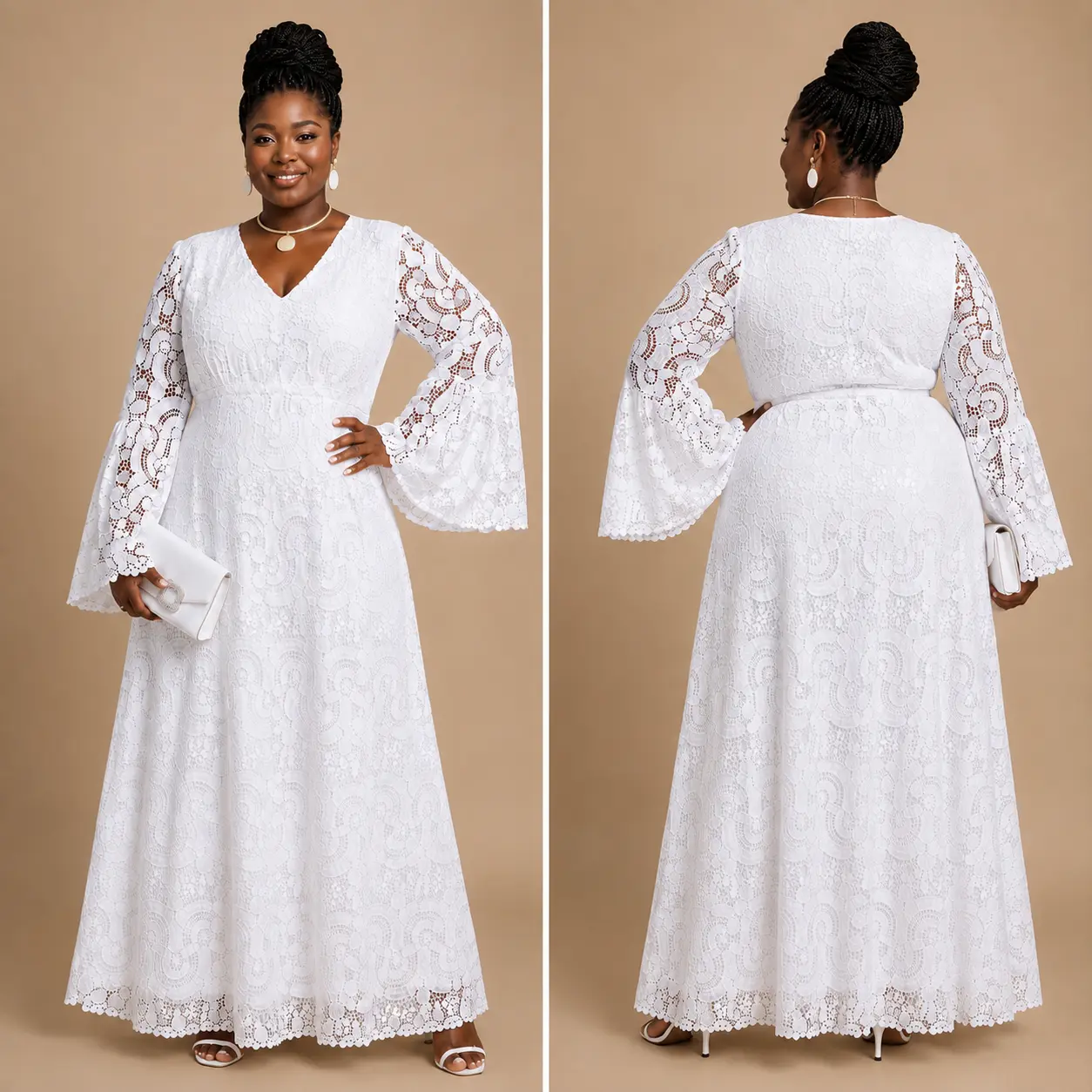 Women's Bridal Lace Gown - Formal Wedding Dress with Lace Decor, Elegant Statement Piece