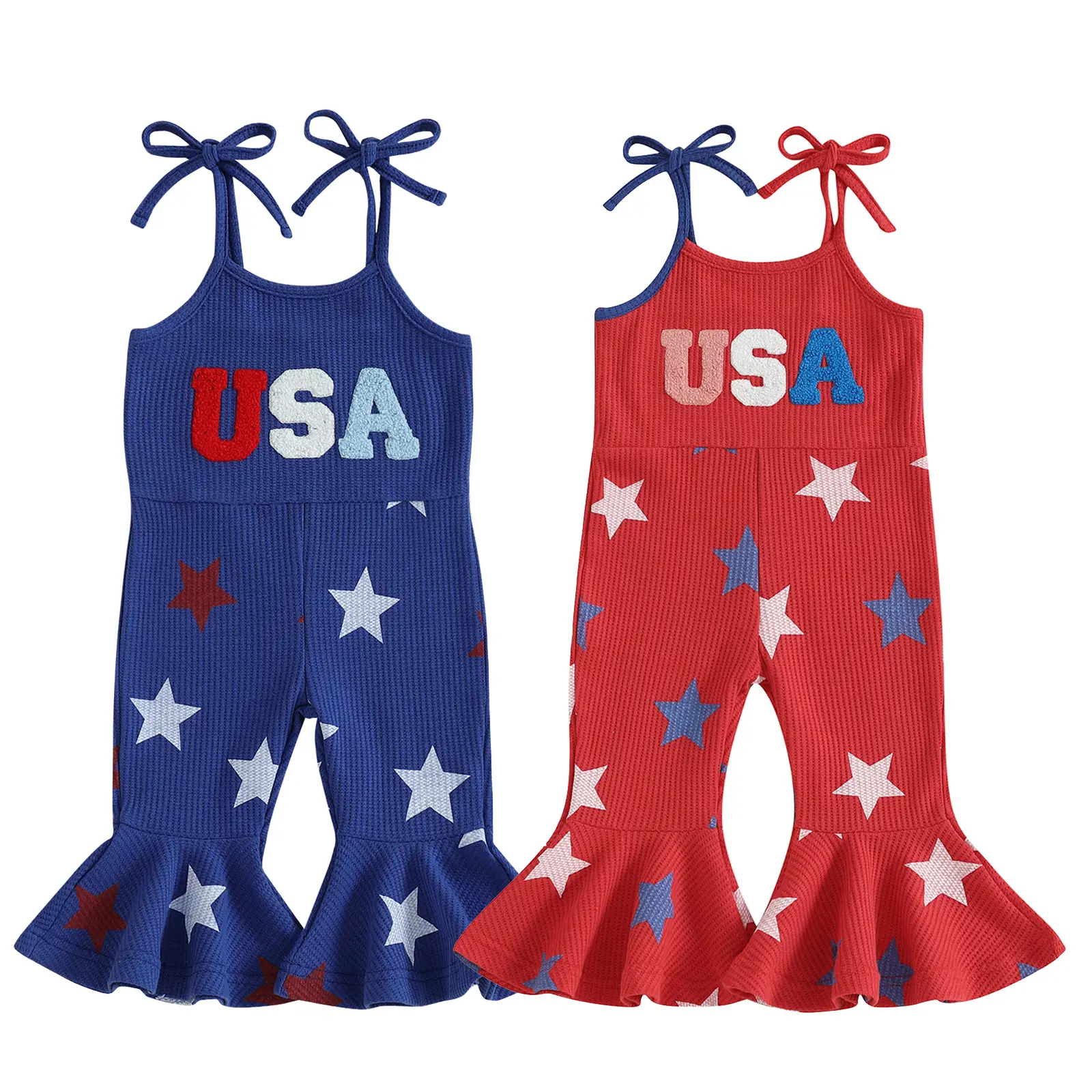 4th of July Toddler Girl Bell Bottom Jumpsuit Baby USA Embroidery Stars Romper Spaghetti Straps Flared Pants Overalls