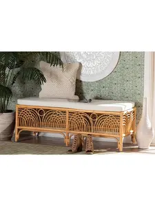 Bali & Pari 193271414031 Materra Modern Bohemian Natural Brown Rattan Bench, White & Light Honey