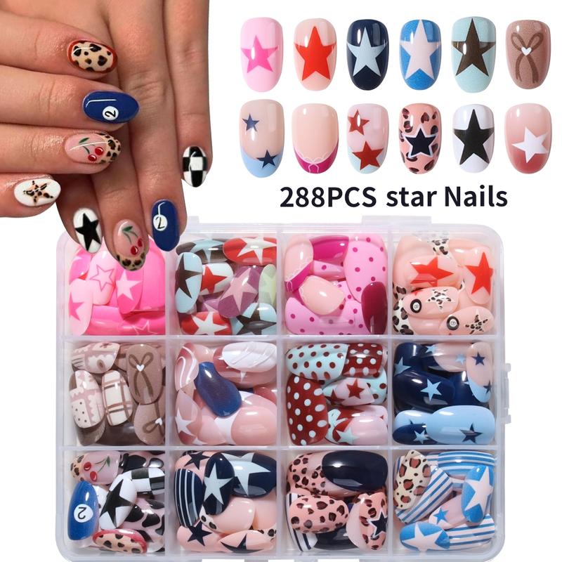 288pcs Acrylic Nail Tips Set, Stylish Acrylic Nails, Short Oval Star Leopard Bow Stripe Cartoon Dot French Design, Reusable Fake Nails for Women Girls