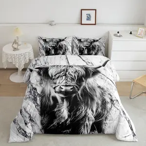 Highland Cow Print Bedding Set,- Grey Cow Print Comforter Set,Black Gray Marble Duvet Insert,D Animal Duvet Insert, Western Bull Cattle Down Comforter