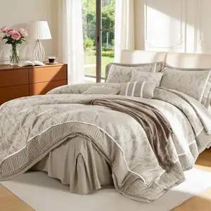 Queen Size Comforter Set 7 Piece, Jacquard Woven with Damask, Bedding Set in a Bag Includes Soft Comforter, Bed Skirt, Pillow Shams, and Decorative Pillows