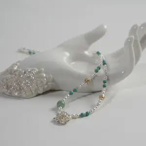 Cloud Robe - Handmade Freshwater Pearl Necklace with Celadon & Silver Peony Pendant