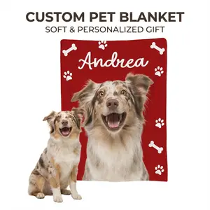 StellarPaws Personalized Fur Blanket, Custom Pet Photo Throw Blanket with Name, Red Paw Print Design, Meaningful Gift for Dog Moms Cat Dad, Soft Flannel Throw