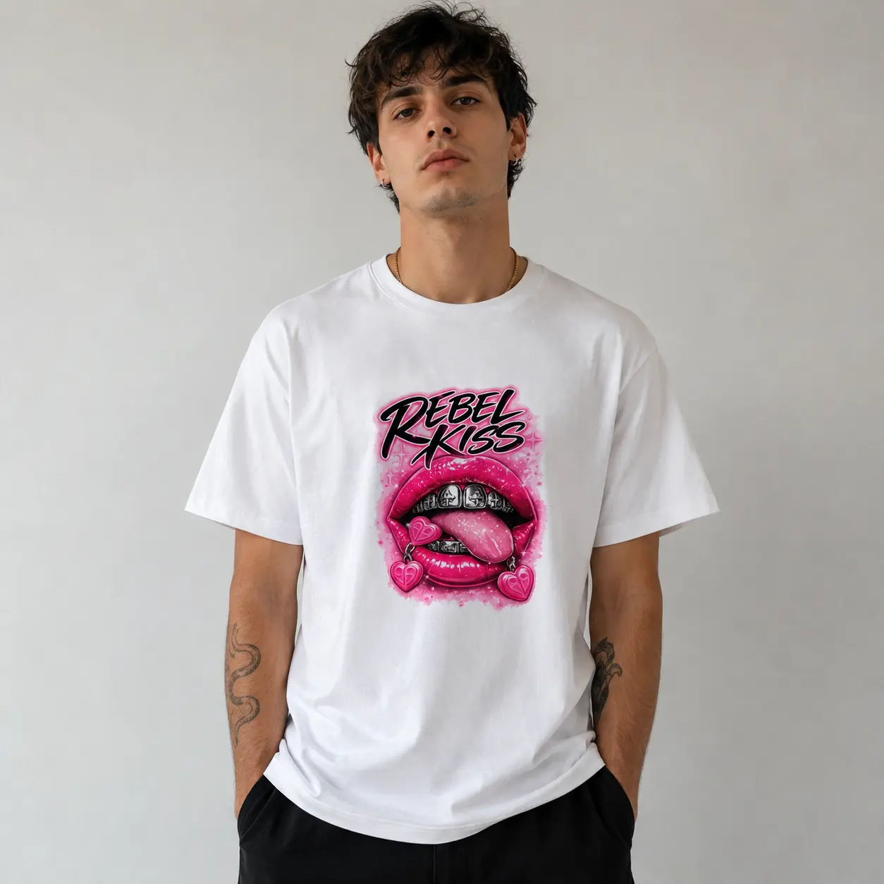 Men's Rebel Kiss Graphic T-Shirt, White Short Sleeve Crew Neck Tee, Pink Lips, Tongue and Heart Charm Print, Y2K Punk Streetwear Top, Bold Casual Gift for Men
