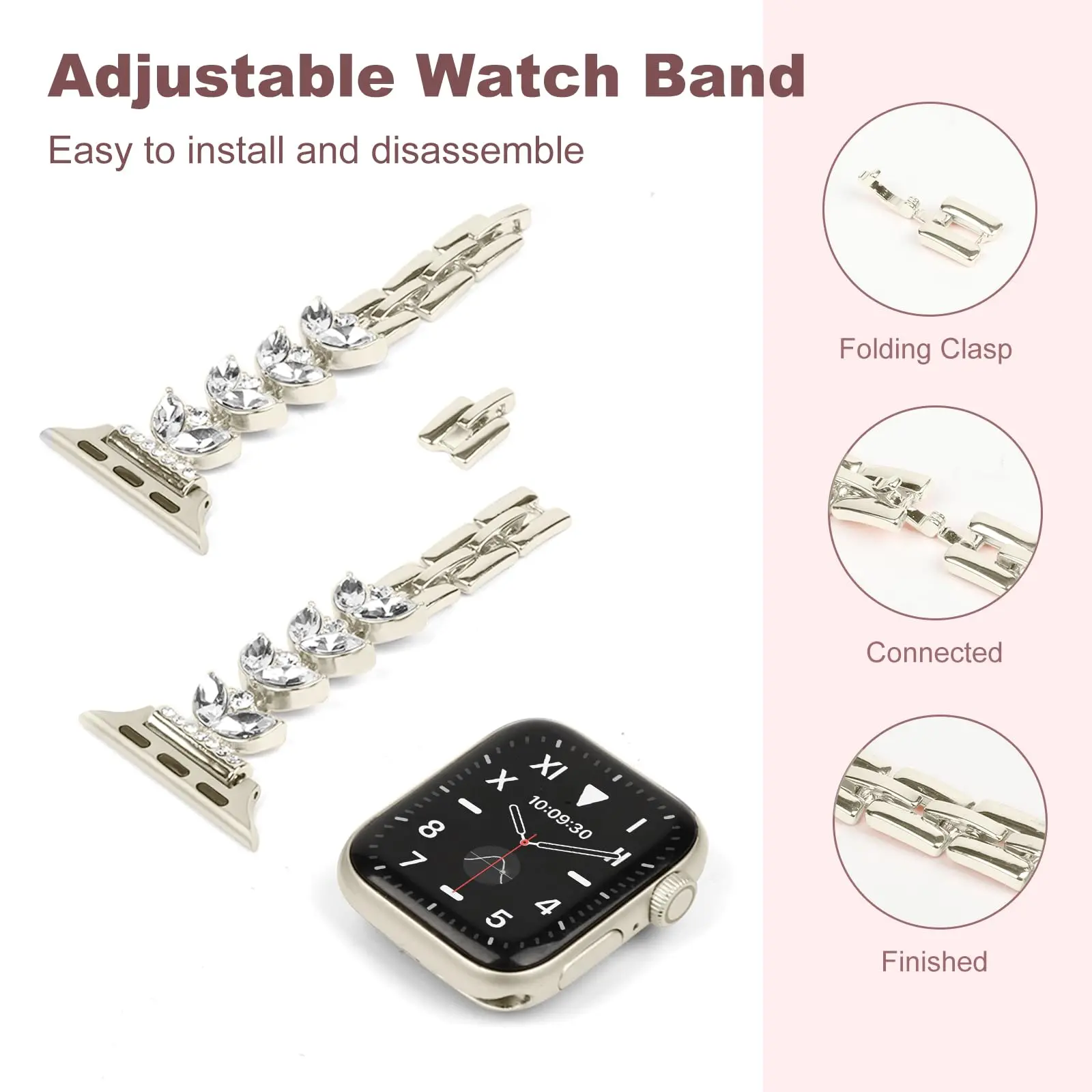 Leaf Bling Strap Stainless Steel Metal Band Compatible for iWatch 38mm-49mm (Series 1-11/SE/SE2/Ultra/Ultra2), Stylish Women's Replacement Wristband (Watch Not Included)#Summervibes