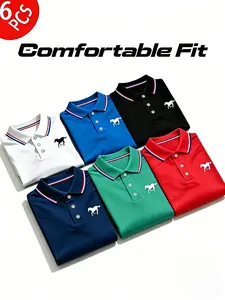 Men's Polo Shirt Set of Six, Casual Fashion Home Wear, Solid Color Short Sleeve Horse Print, Contrast Collar, Breathable Daily/golf Shirts, Multiple Colors, Outfit