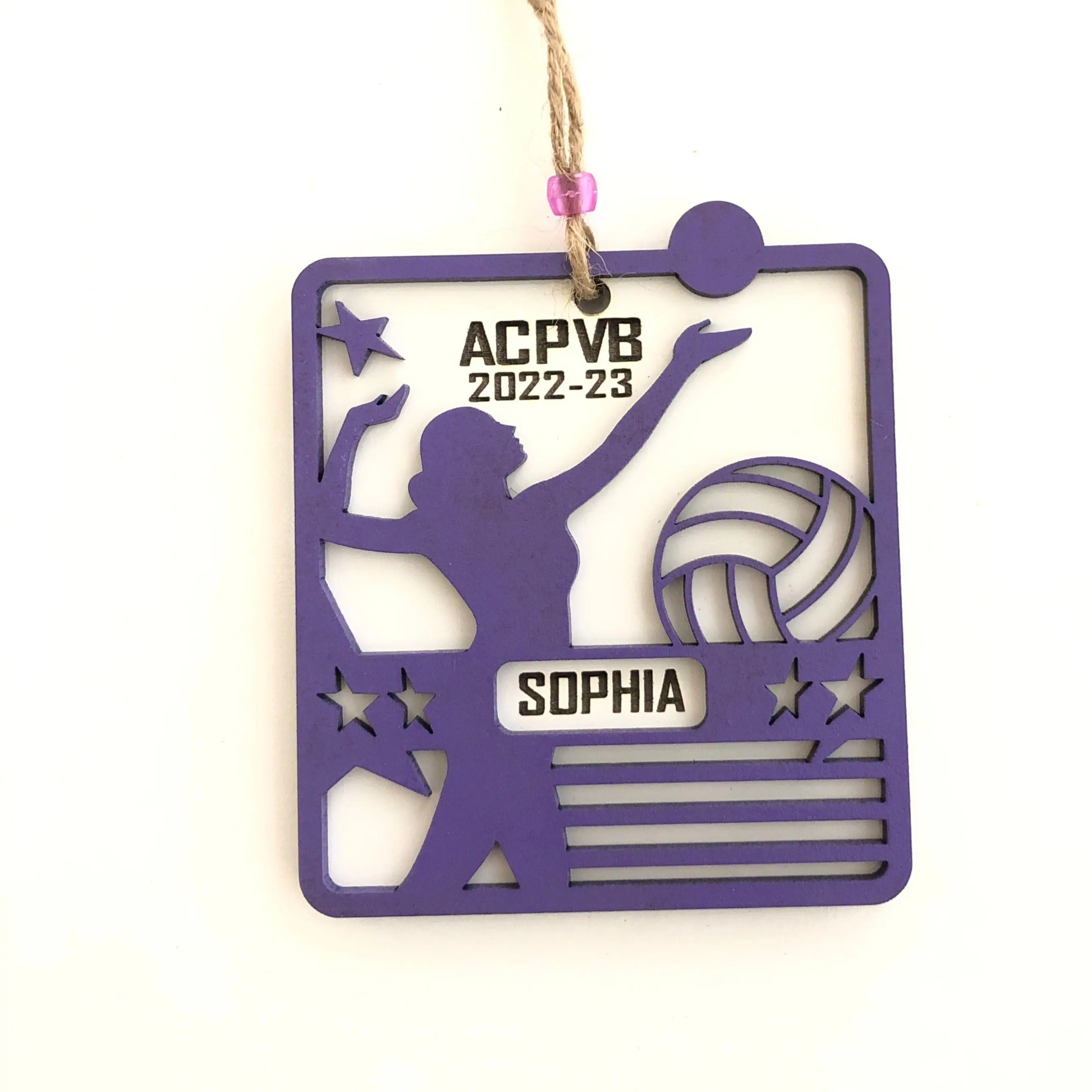 Personalized Volleyball Player Ornament in School Color Female or Male 4x3.4x0.25 MDF Melamine Laser Engraved Decorative Ornament for Sophia ACPVB 2022-23