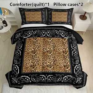 Leopard Paisley Bandana Bedding Set, 1 Comforter + 2 Pillowcases, Western Boho Decor, Synthetic Fiber, Home Bedroom Essentials