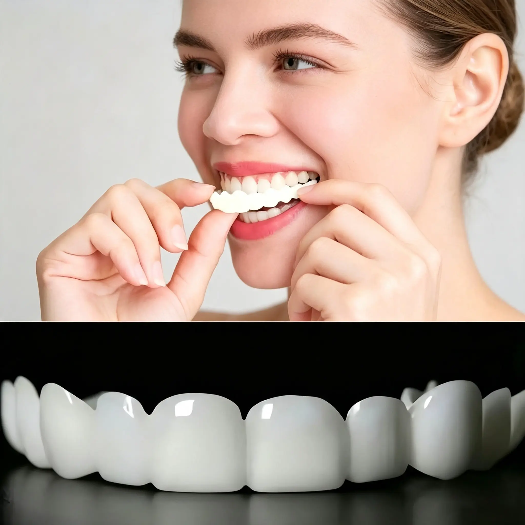2-Pair Silicone Snap-On Smile False Teeth Set, Polypropylene Instant Veneers, Cosmetic Whitening Covers, Clip-In Top & Bottom Dentures for Teeth Stain Coverage