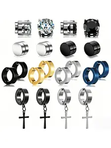 Stainless Steel Earring Set for Men, 20PCS Gothic Punk Stud & Hoop Earrings with CZ, Cross & Magnet Styles, Multi-Color (Silver/Black/Gold/Blue), Unisex Piercing Jewelry, Magnetic Ear Studs