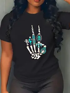 100% Cotton cotton Skeleton with Turquoise Hand Western Skeleton Rings Lover T-Shirt casual Fashion graphic tees for women