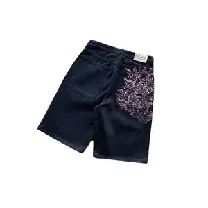 SILVER Fashion Cherry Blossom Pocket Embroidery Jeans Shorts Men Women Retro Baggy Black Denim Short Y2k Jorts Hip Hop Streetwear Pants Menswear Trouser Button Fly Casual Tropical Bottom Womenswear Plaid