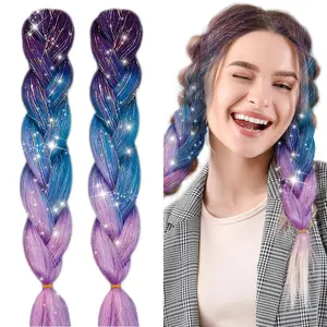 Braiding Hair Extension with Tinsel, Purple Hair Extensions Synthetic Colored Braiding 3 Tone for Girls Women,Box Braids Twist 24 Inch