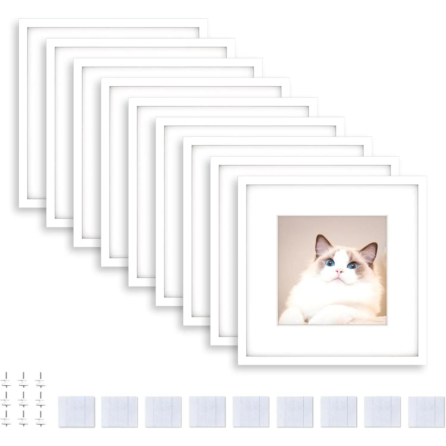 8x8 Picture Tiles | Mix Tiles Picture Frames Stick on Wall | Photo Tiles Peel and Stick Picture Frames as Gallery Wall Frame Set (White - 9 count)