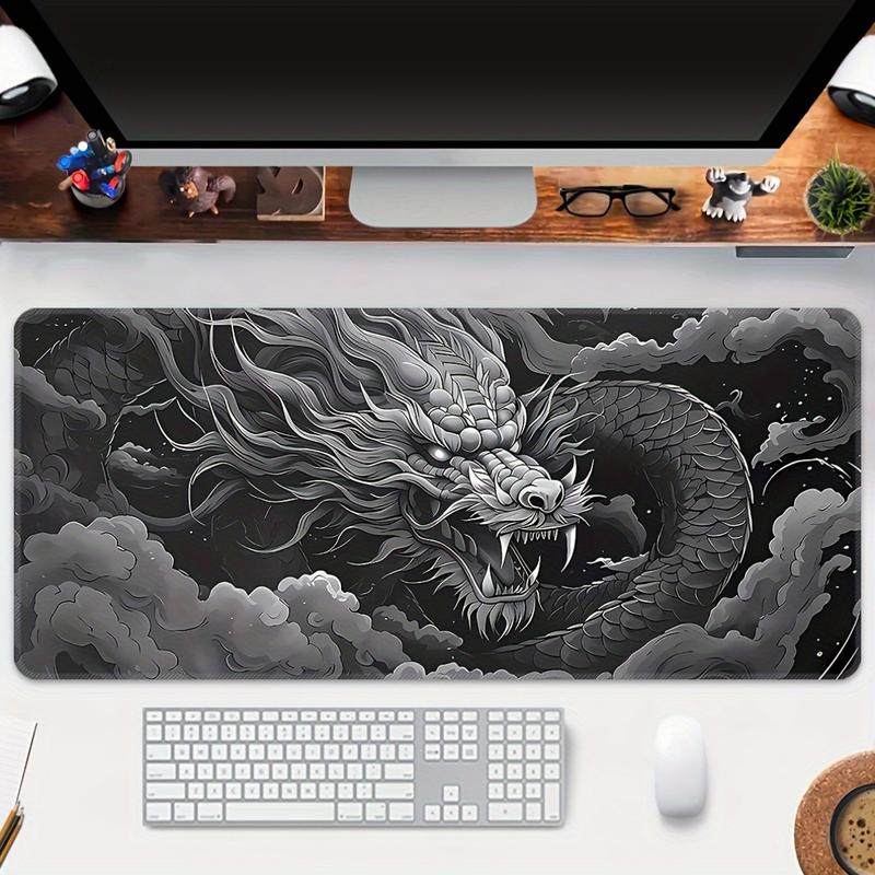 Extra-Large Dragon Gaming Mouse Pad - Monochrome Design with White & Black Artwork, Washable & Durable Rubber Base, Precision Stitched Edges - Ideal