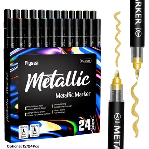 12/24 Color Metallic Acrylic Paint Markers, Dual Tip Acrylic Metallic Markers Set (Brush & Fine), Glitter Paint Pens for Black Paper, Rock Painting, Glass, Wood, Ceramic,Arts and Crafts
