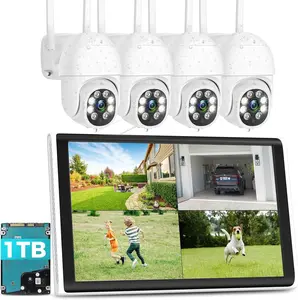 WiFi Security Camera System, 【Plug-in Cable】 4PCS 3MP PT Outdoor Camera with 10" LCD Monitor, Motion Detection, Color Night Vision, 24/7 Record, 2-Way Audio, 8CH NVR, 2.4G WiFi