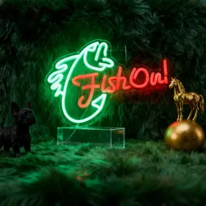 Fish on Neon - Fishing Lights at Fishing Hut, Male Cave, Tackle Shop - Fishing LED Neon for Fishing Lovers, Fishing Gifts and Outdoor Decorations