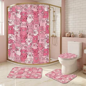 [Animal] Shower Curtain Set with Mat – Pink Piggy Pattern Print Bathroom Decor – 4 Piece Bath Set – Waterproof, Non-Slip Bathroom Rug Set – Animal Lover, Kids Bathroom, Nursery, Farmhouse Decor, Happy Home, Funny Shower Curtain