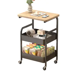 Storage Cart, Rolling Utility Trolley with Wheels, Carbon Steel Wood Frame, 2-Basket Kitchen Organizer, Modern Mobile Shelving Unit for Living Room Pantry