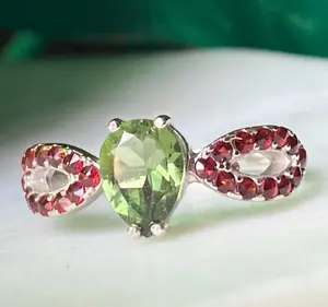 Certified Moldavite & Garnet Ring from Czech Republic a Transformation and Grounding Stone, Garnet use for Selflove and Friendship