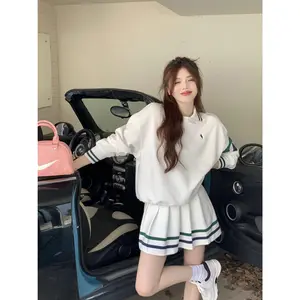 Spice Girl Retro Polo Sweater Temperament College Style High Waist Pleated Skirt Two Pieces