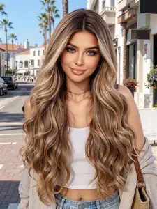 26-Inch Honey Gold Gradient Wavy Texture Wig, Highlights Long Fiber Wig, Unique Natural Look Women's Hairpiece, All Seasons Wearable